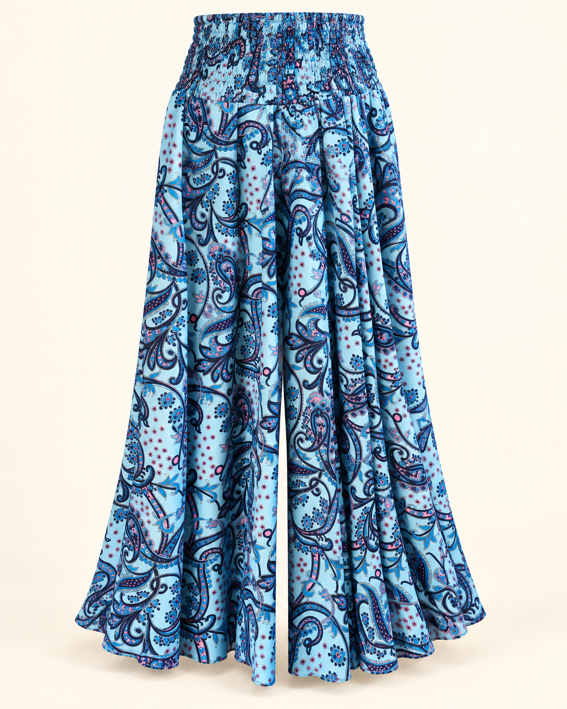 Calças palazzo azuis com estampado paisley, vista de costas