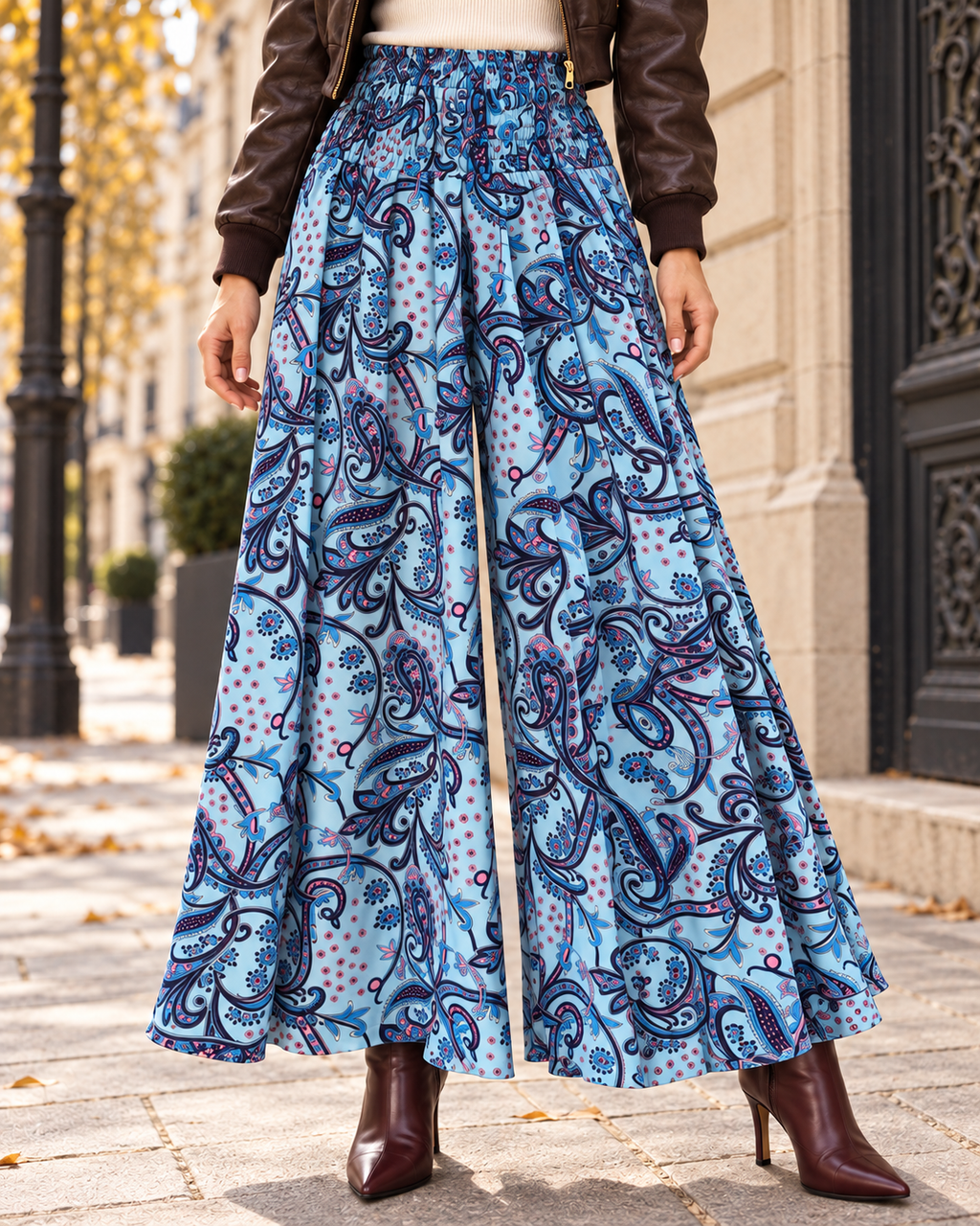 Detalhe da cintura franzida e do estampado paisley azul das calças