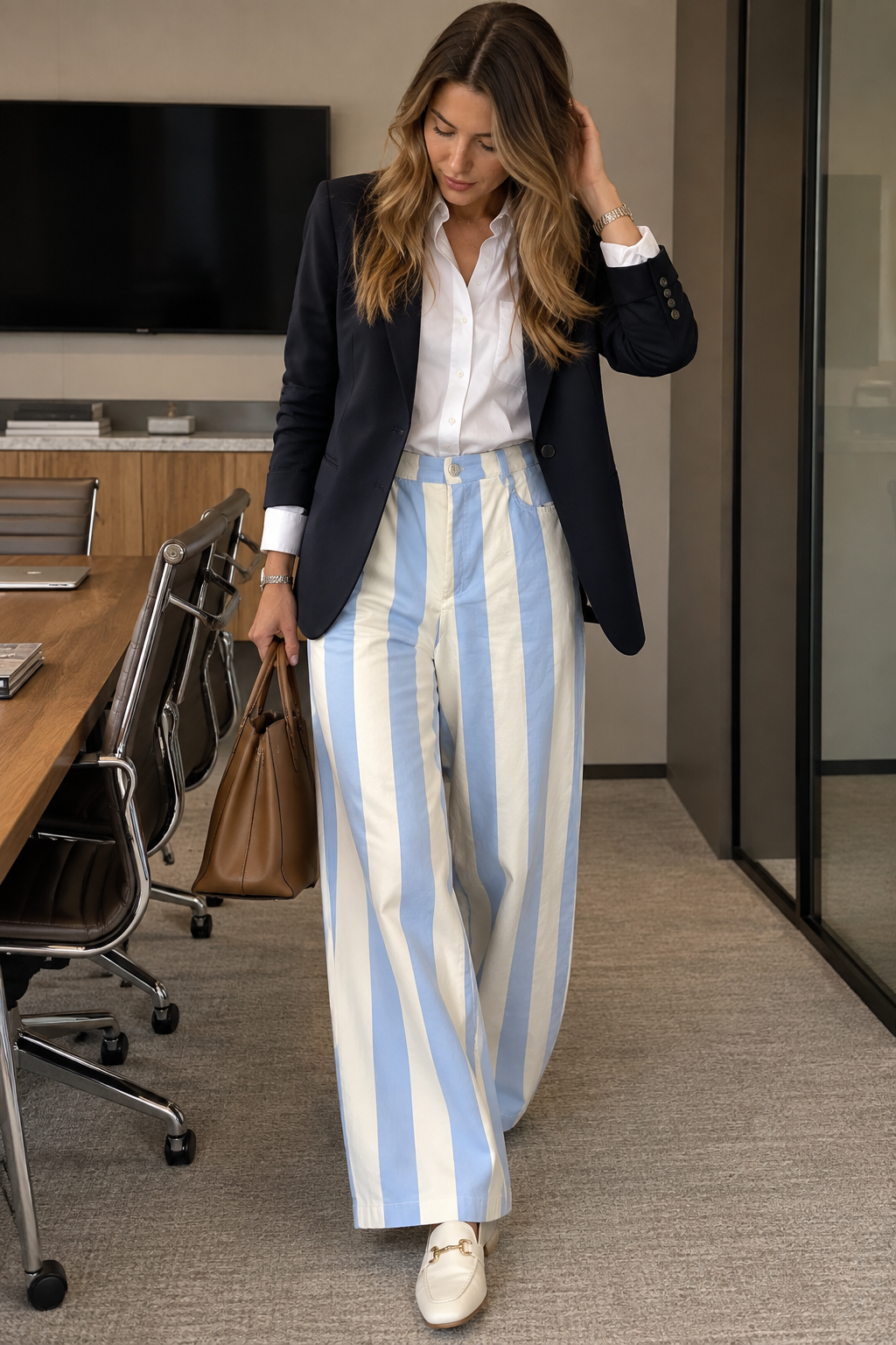 Calças wide leg às riscas off-white e azul-claro, vistas de frente com blazer azul-marinho