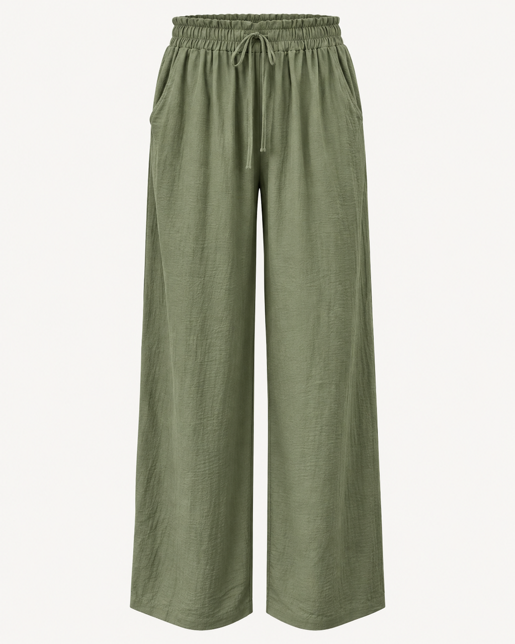 Calças wide leg verde-oliva fluidas sem modelo, cós elástico com cordão