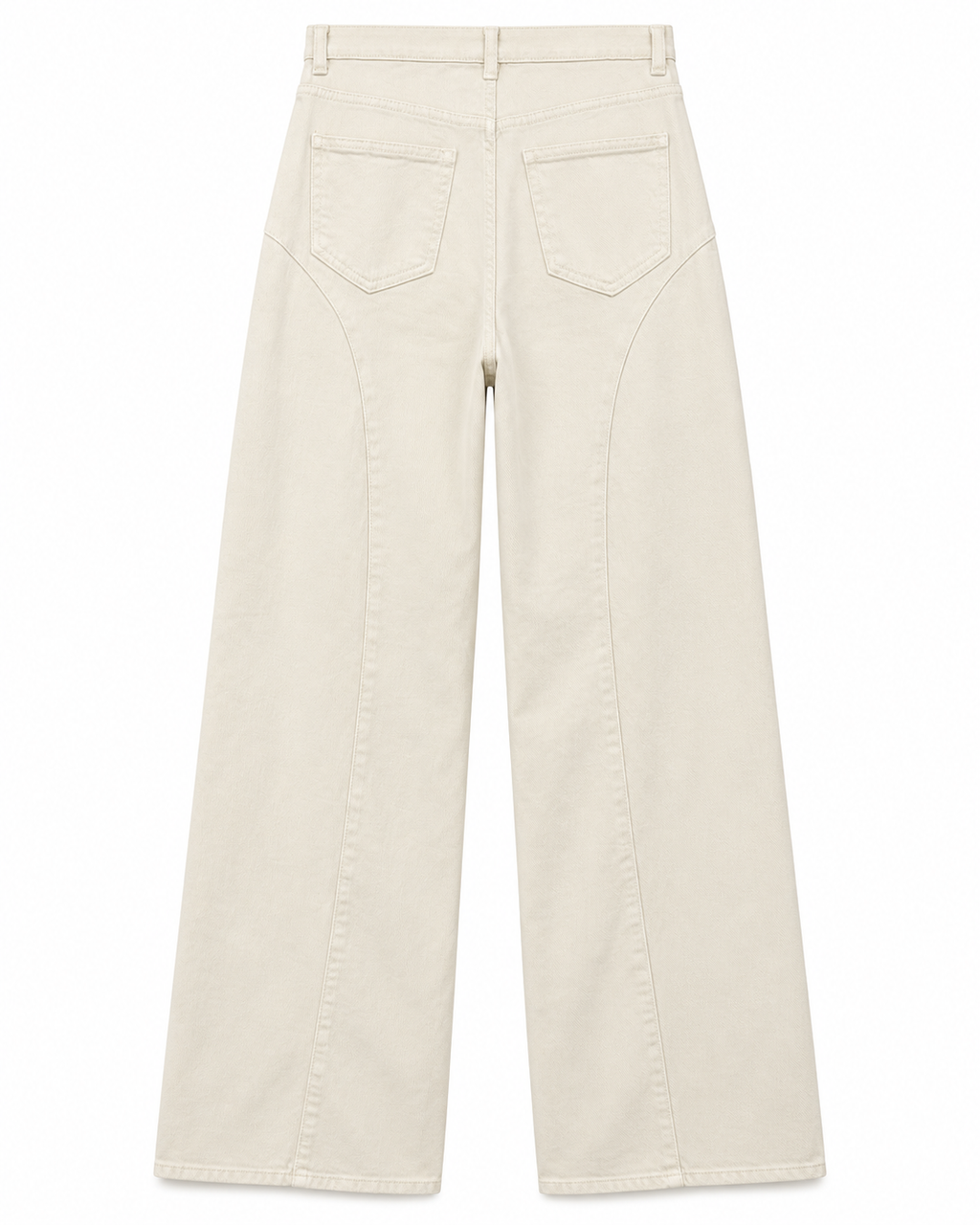Calças wide leg bege-creme com dois bolsos traseiros e costuras curvas sem tachas, vista de costas sem modelo