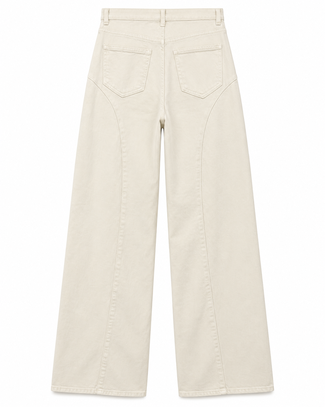 Calças wide leg bege-creme com dois bolsos traseiros e costuras curvas sem tachas, vista de costas sem modelo