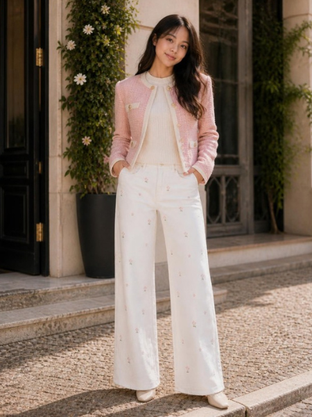Calças wide leg off-white com flores rosa num look para dias frios