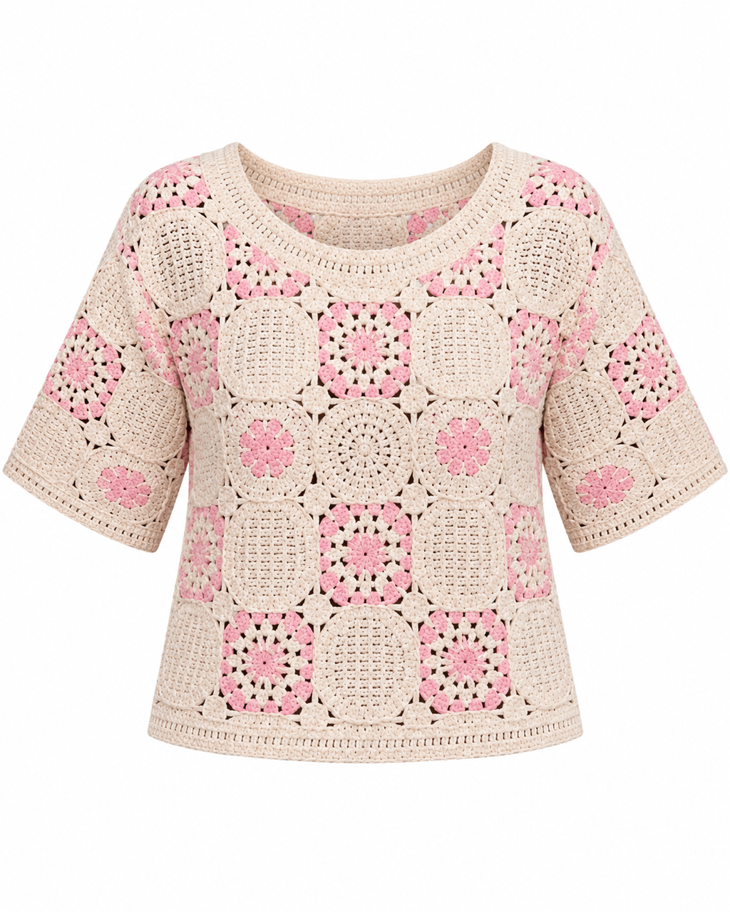 Camisola de croché cru com quadrados de flores rosa, decote redondo e mangas curtas largas, vista de frente