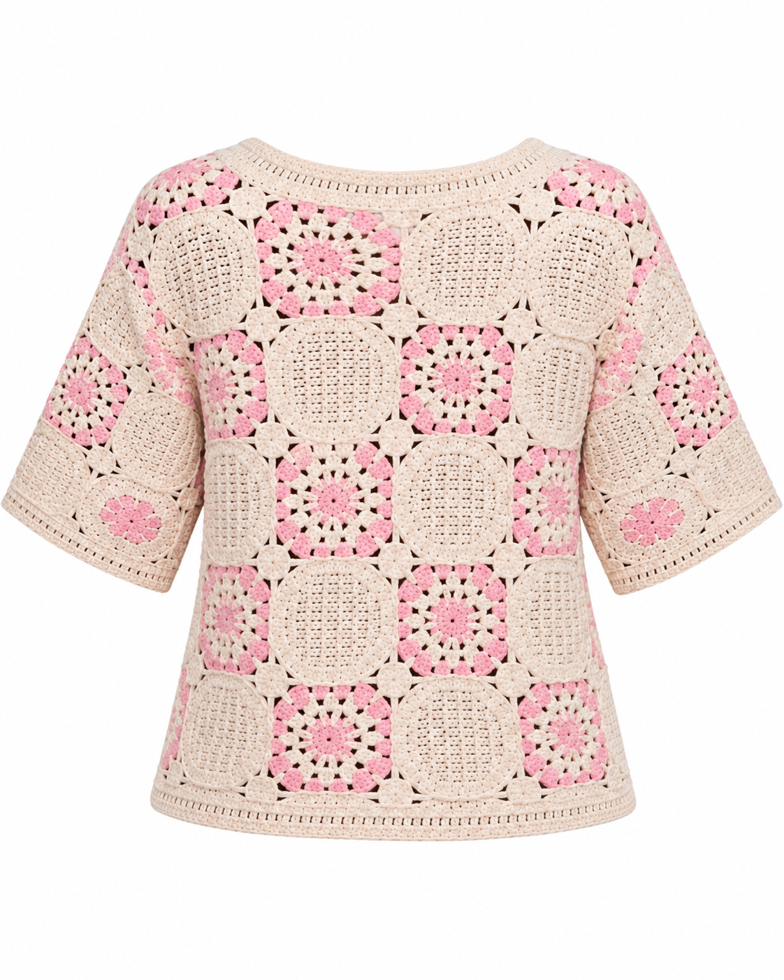Camisola de croché cru com flores rosa, costas mais compridas, vista de costas