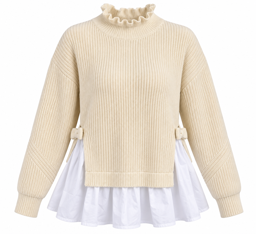 Camisola de malha bege 2 em 1 com camada branca e laços laterais, frente sem modelo