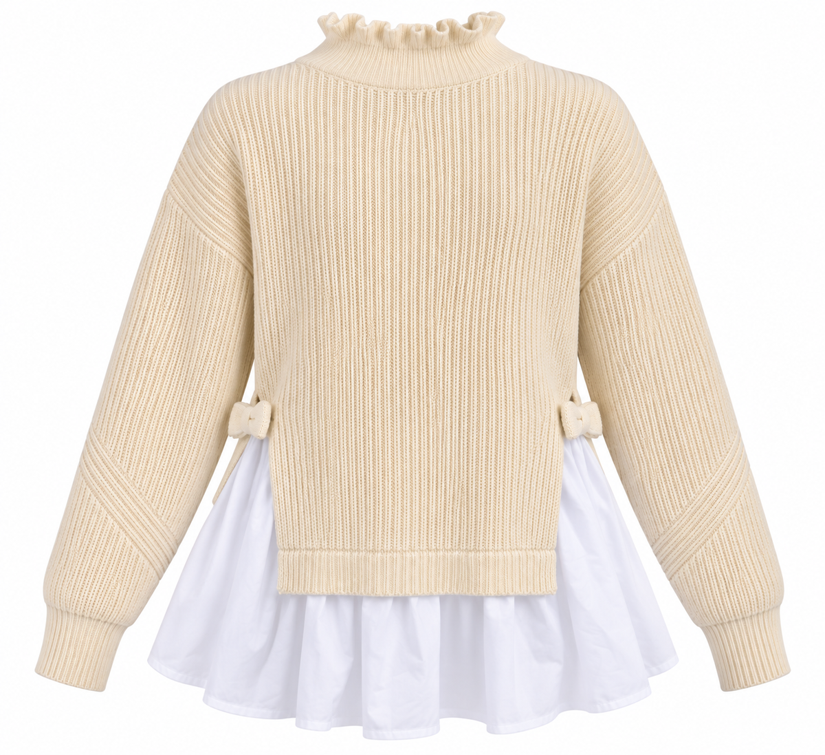 Camisola de malha bege 2 em 1 com camada branca, costas sem modelo
