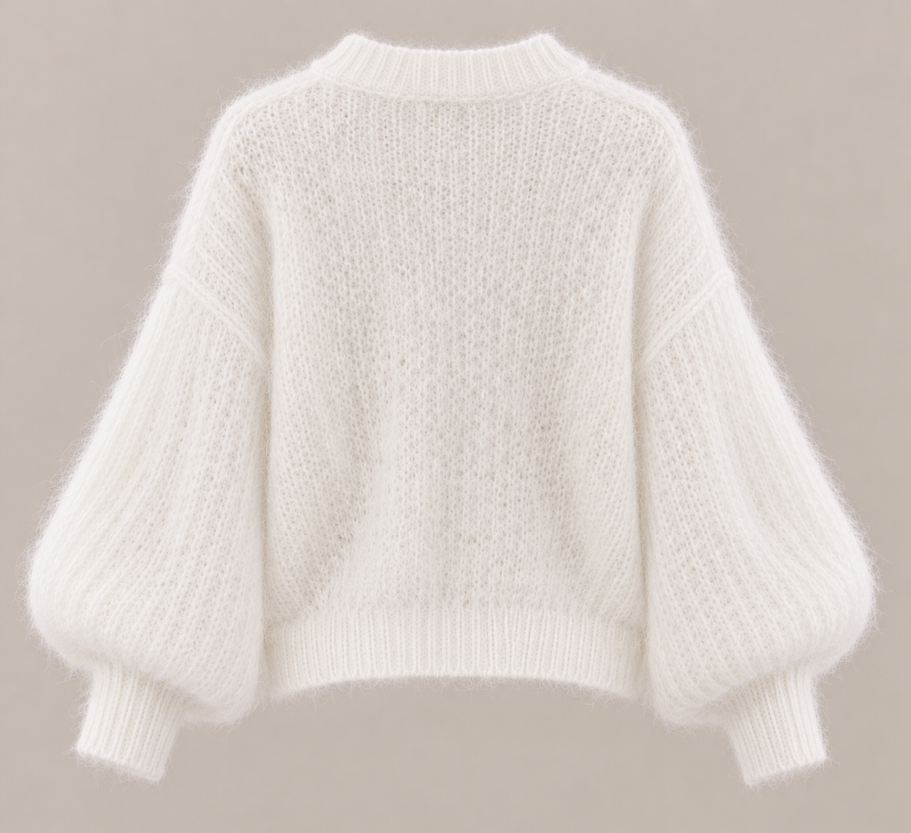 Camisola de malha oversize em ponto aberto branca, costas sem modelo, ombro descaído