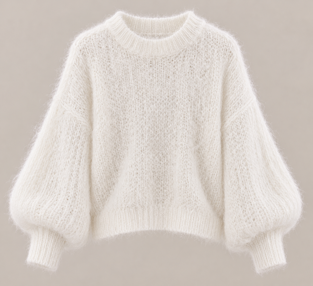 Camisola de malha oversize em ponto aberto branca, frente sem modelo, textura felpuda