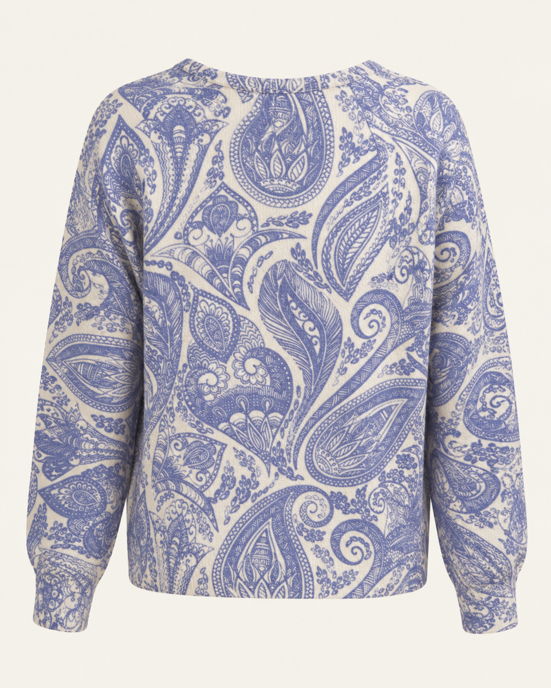 Camisola de malha paisley azul e cru — peça de costas, sem modelo