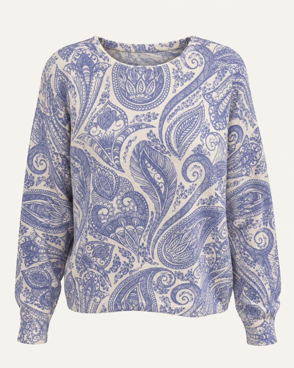 Camisola de malha paisley azul e cru — peça de frente, sem modelo
