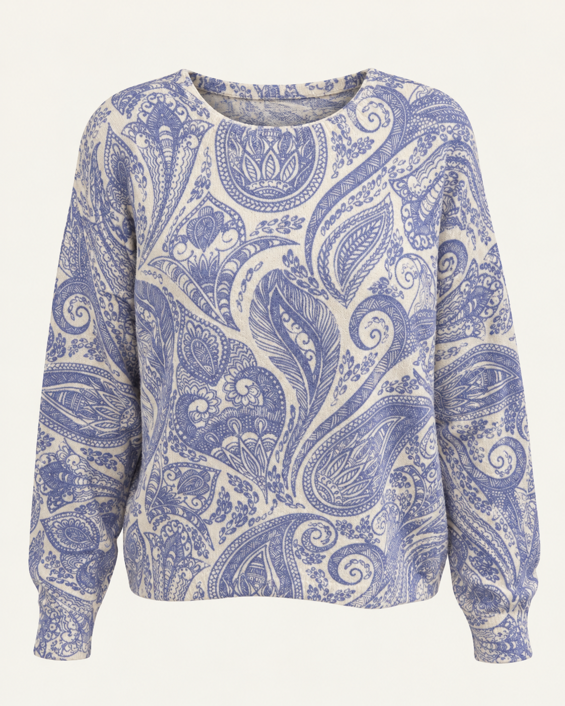 Camisola de malha paisley azul e cru — peça de frente, sem modelo