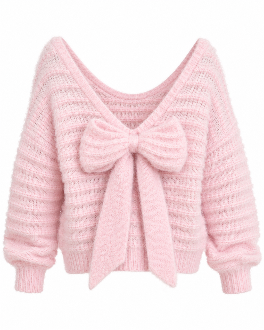Camisola de malha rosa com decote em V e laço oversized, costas sem modelo