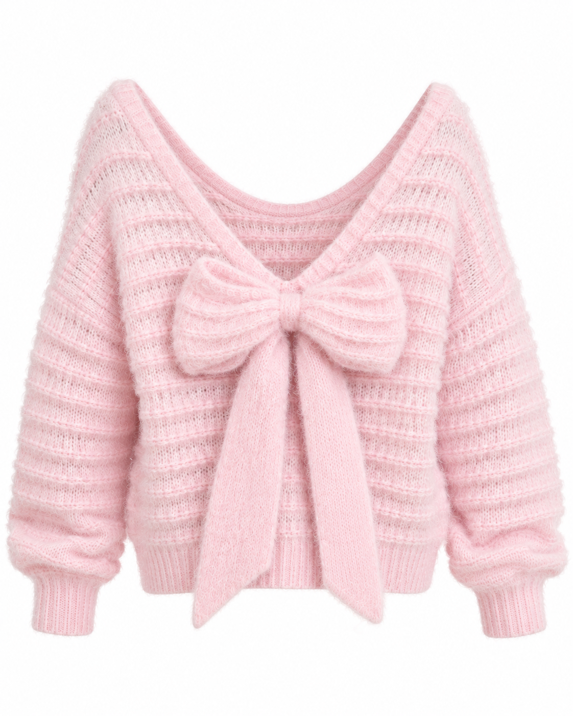 Camisola de malha rosa com decote em V e laço oversized, costas sem modelo