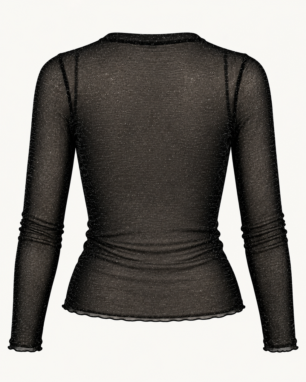 Camisola preta totalmente transparente com microbrilho prata, vista de costas