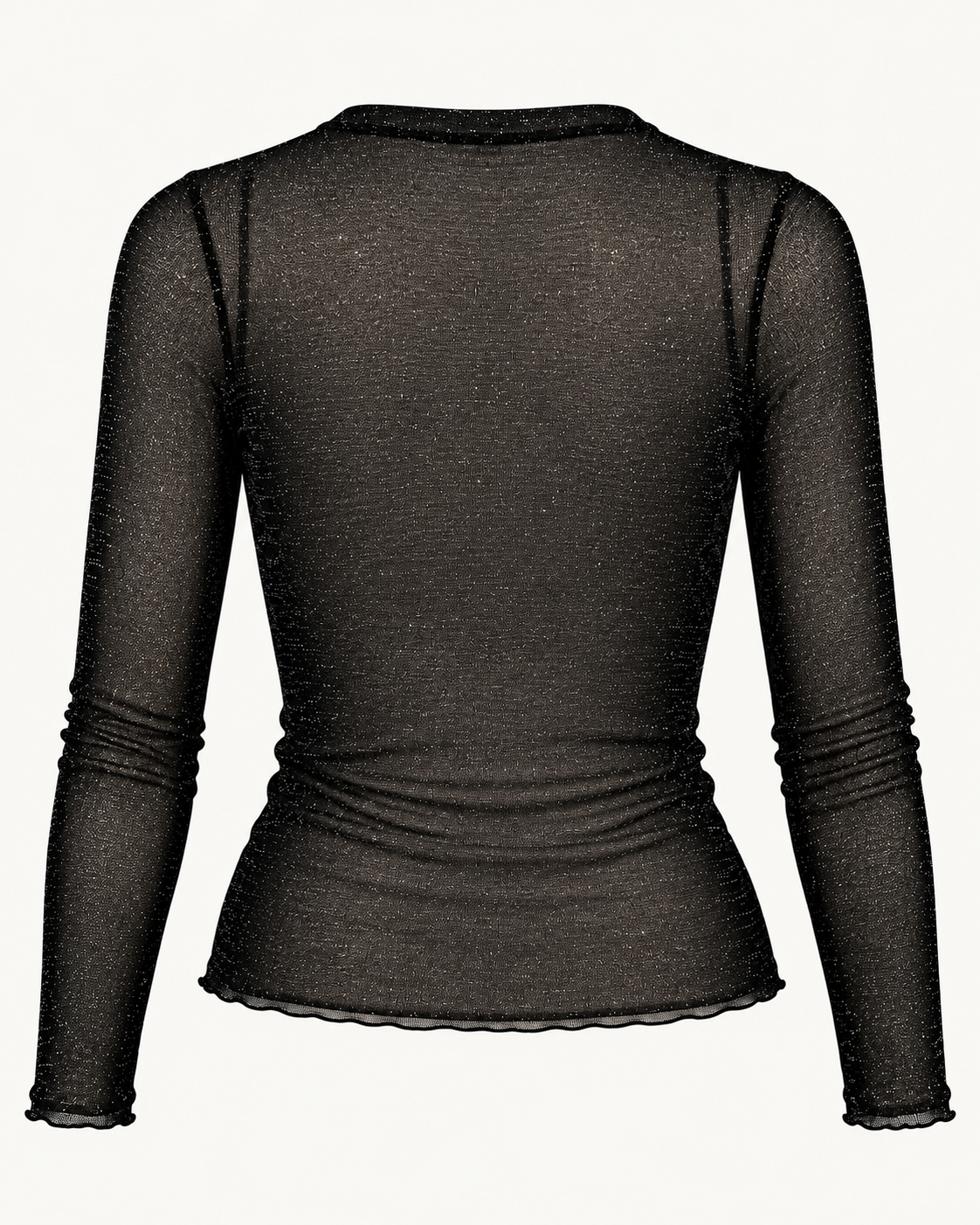 Camisola preta totalmente transparente com microbrilho prata, vista de costas