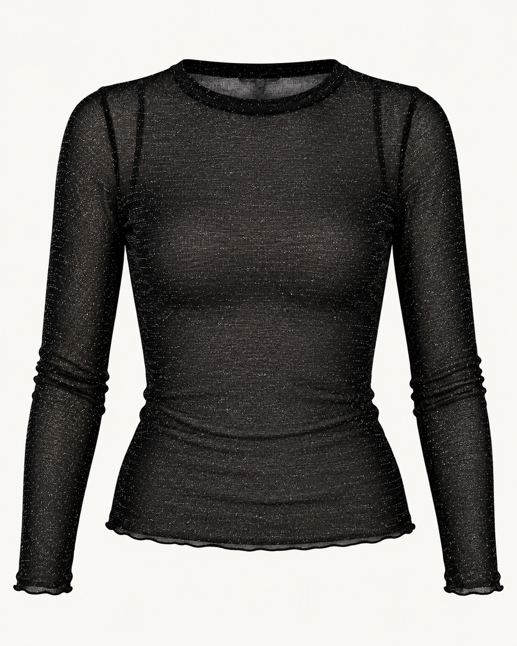 Camisola preta totalmente transparente com microbrilho prata, decote redondo e manga comprida, vista de frente