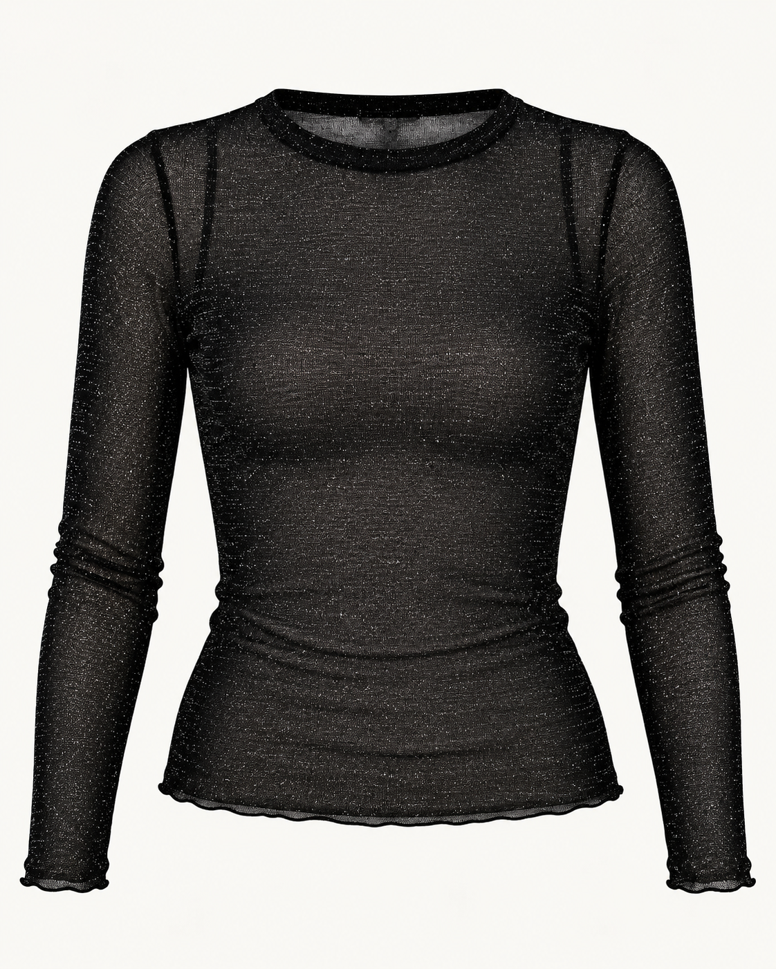 Camisola preta totalmente transparente com microbrilho prata, decote redondo e manga comprida, vista de frente