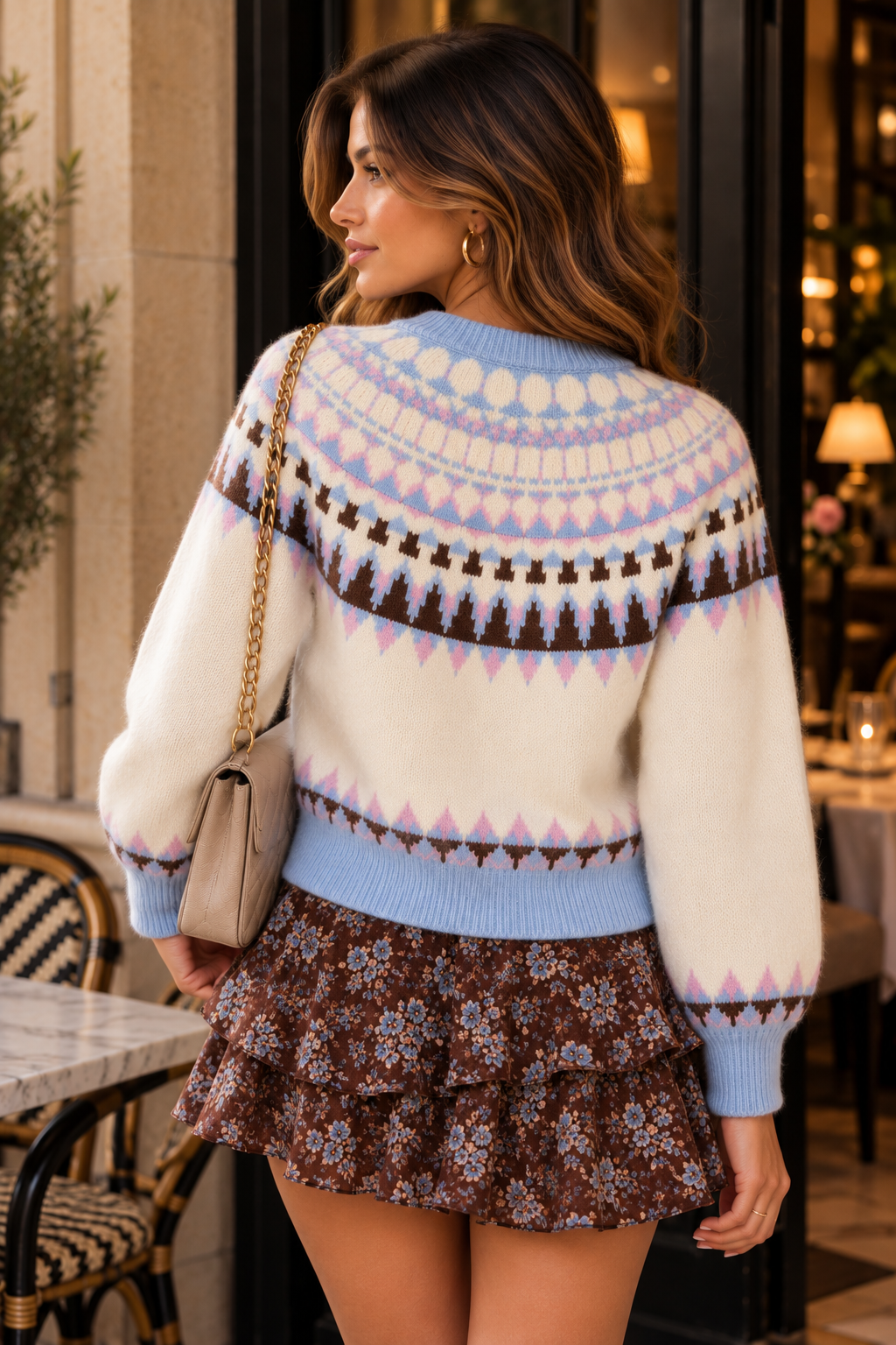 Cardigan curto com padrão nórdico azul-claro, vista de costas em modelo