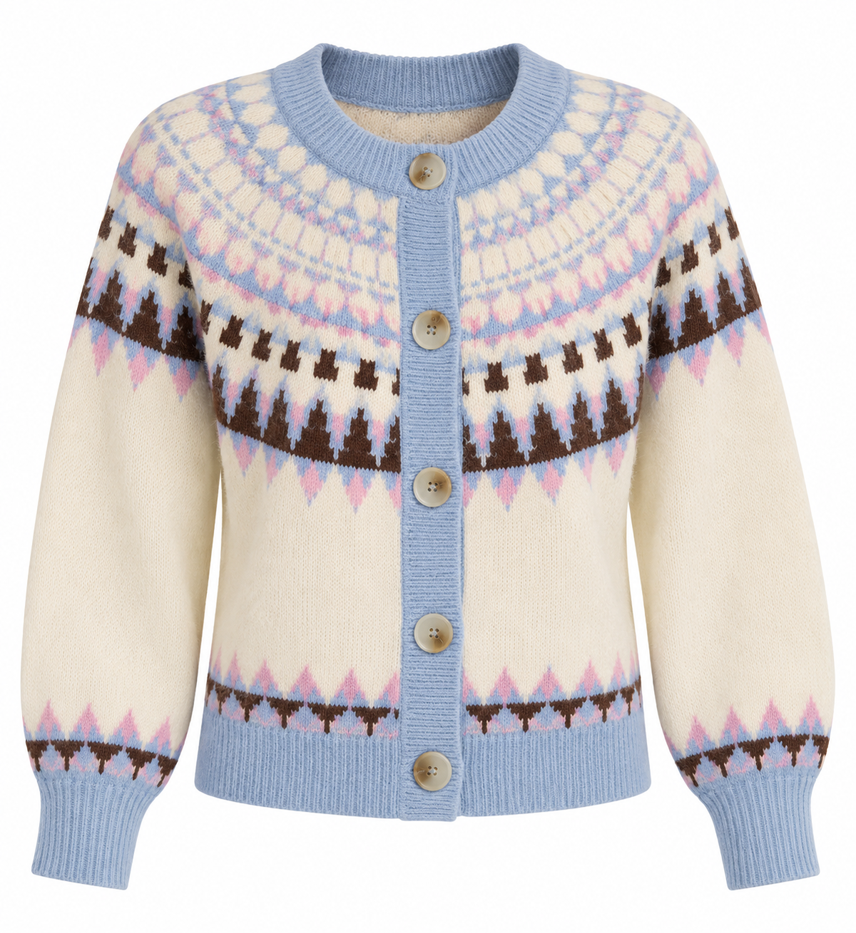 Cardigan curto creme com pala de padrão nórdico e acabamentos canelados azul-claro, frente sem modelo