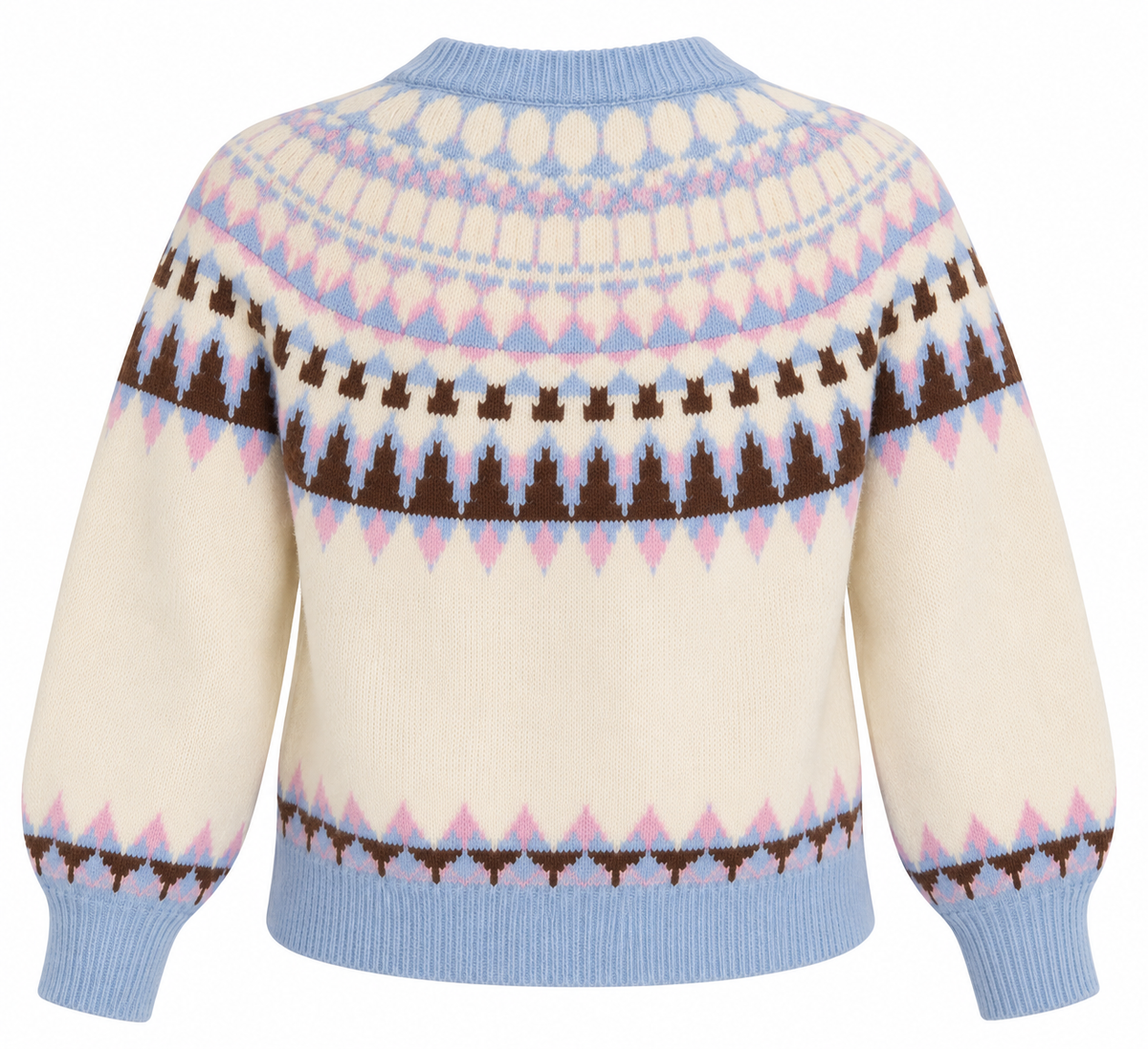 Cardigan curto com padrão nórdico azul-claro, costas sem modelo