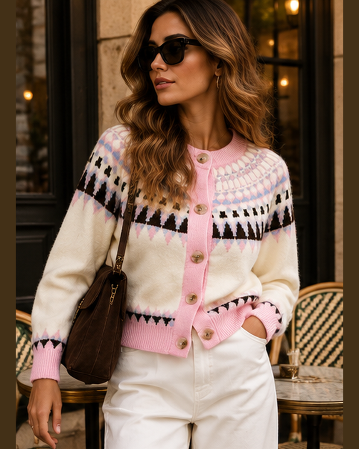 Cardigan curto com padrão nórdico em rosa, vestido de frente em modelo