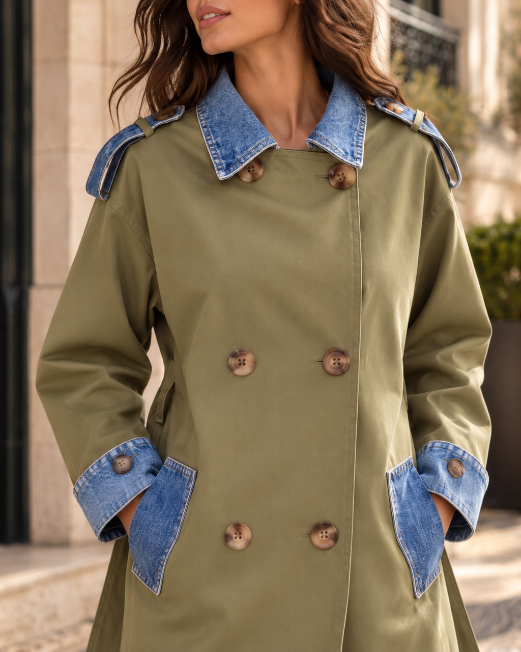 Detalhes do casaco bicolor verde militar com gola, punhos e bolsos em efeito denim