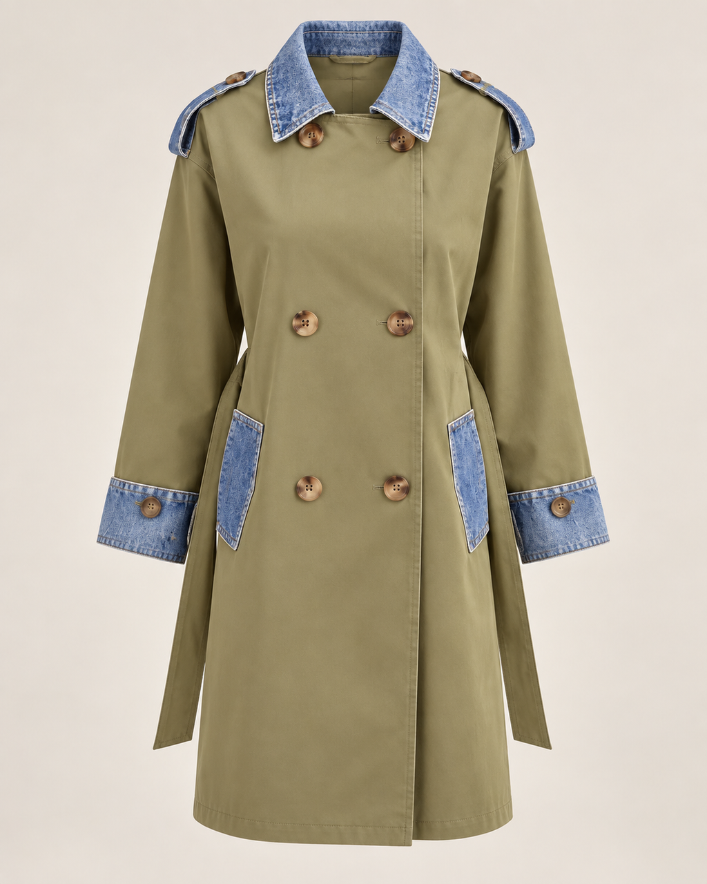 Casaco bicolor verde militar com detalhes em efeito denim, vista frontal