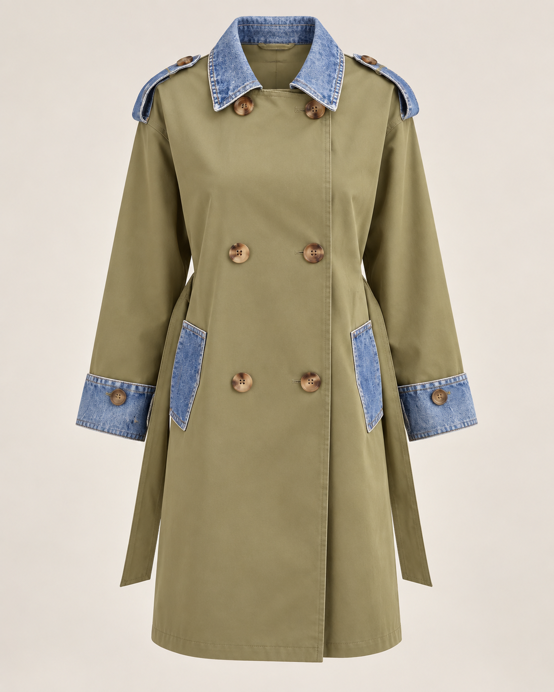 Casaco bicolor verde militar com detalhes em efeito denim, vista frontal