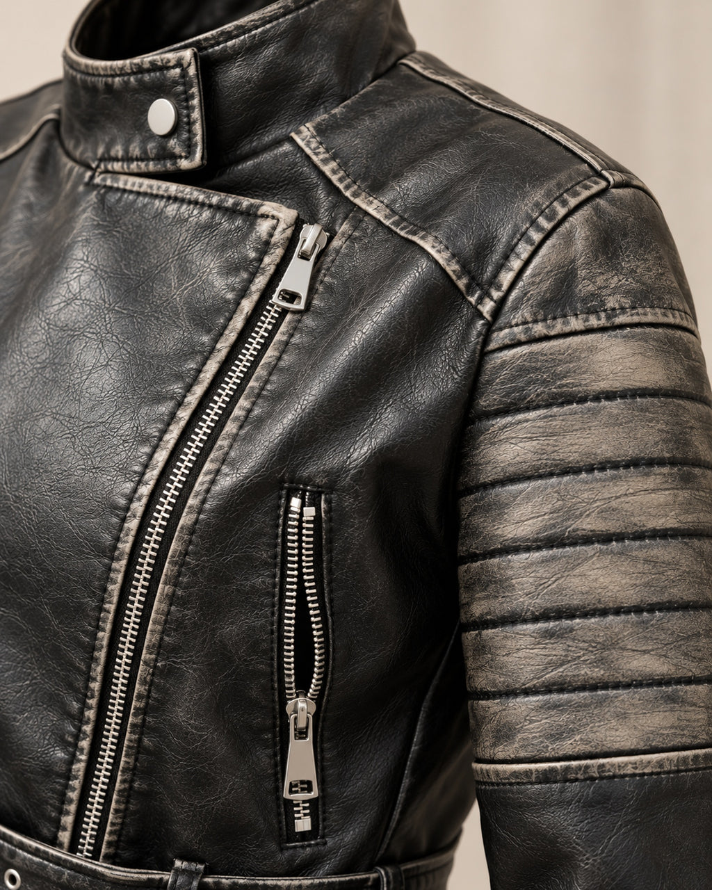 Detalhe da gola, fechos e painéis lavados do casaco biker preto F&A Modes