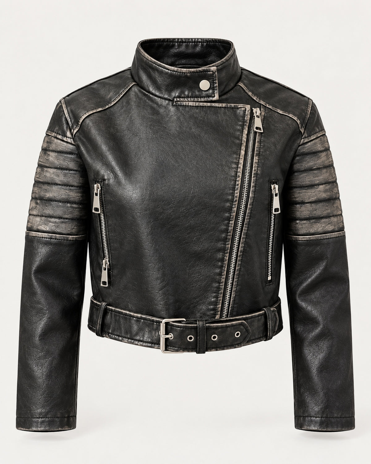 Casaco biker preto F&A Modes em efeito pele lavado, vista frontal