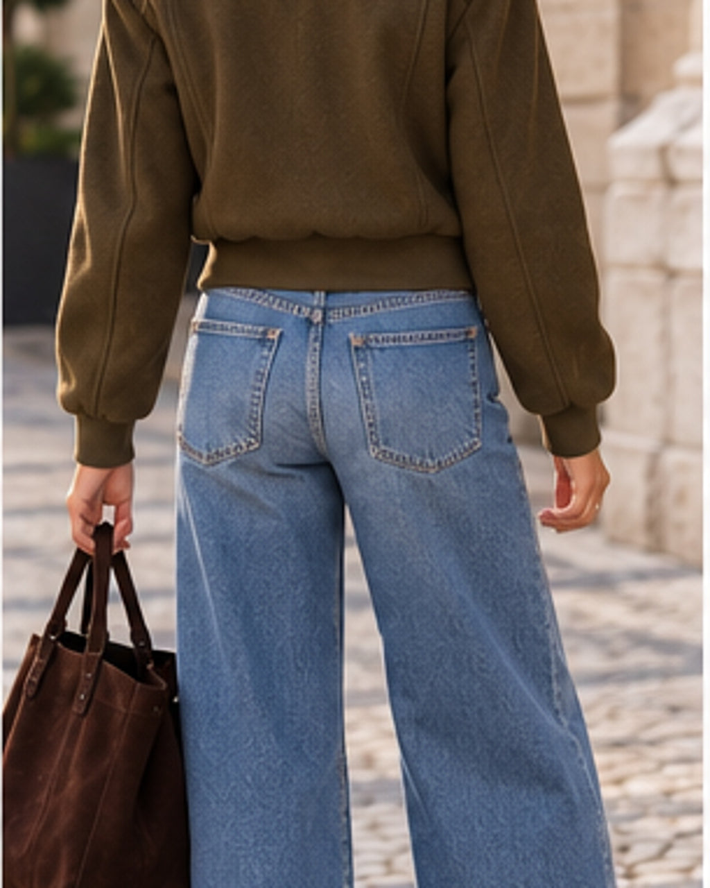Casaco curto biker caqui K-ZELL em look com jeans, de costas
