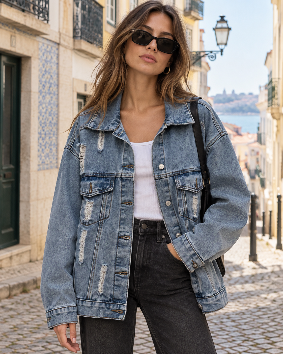 Casaco denim Moonica azul lavado, vista frontal em modelo