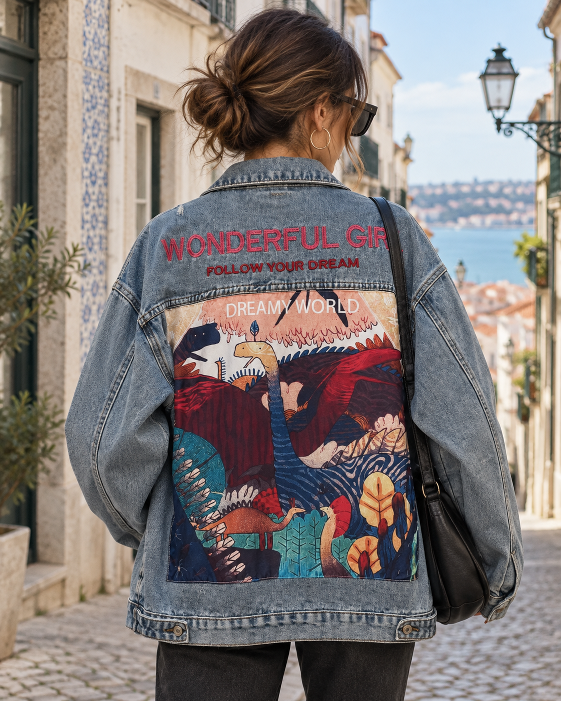 Casaco denim Moonica azul lavado, vista traseira com painel Wonderful Girl