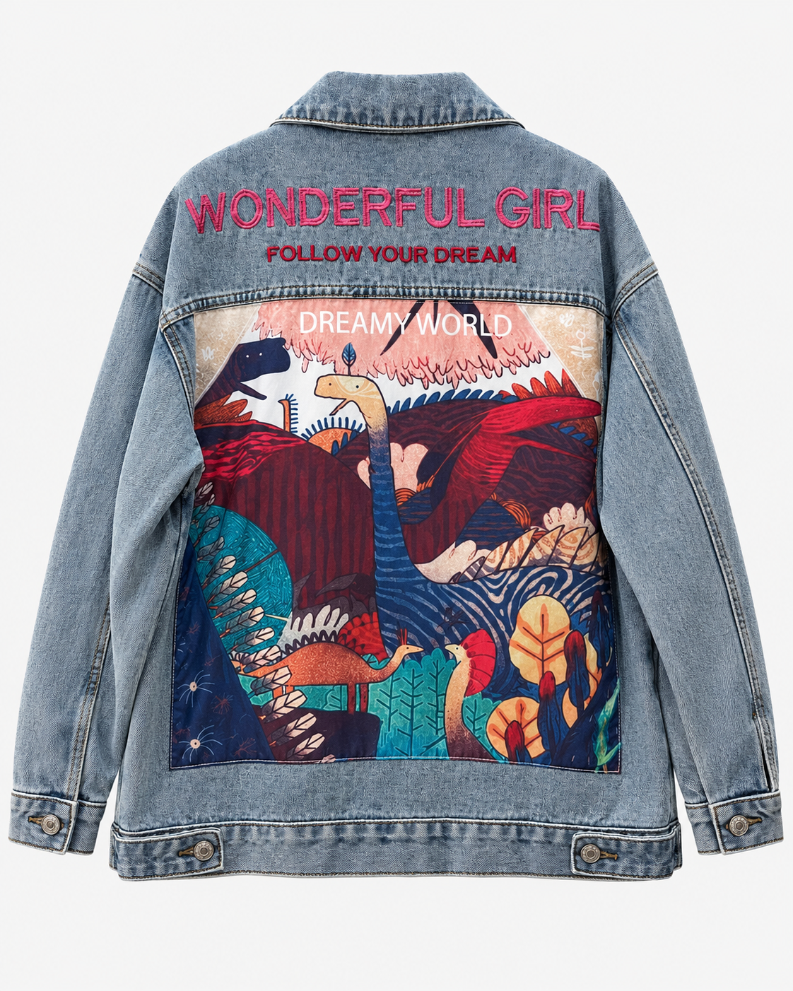 Casaco denim Moonica Fashion azul lavado, costas sem modelo com painel Wonderful Girl Dreamy World