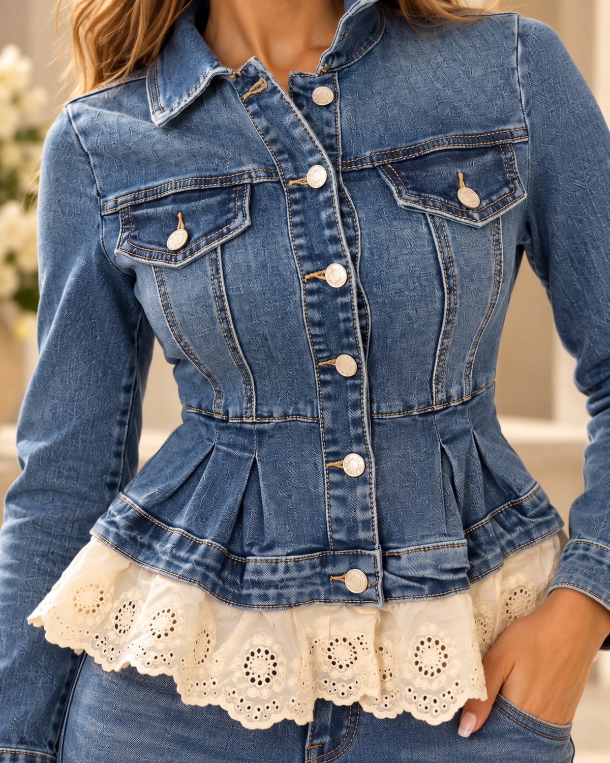 Detalhe do peplum, botões metálicos e folho em renda bordada do casaco de ganga SIXTE