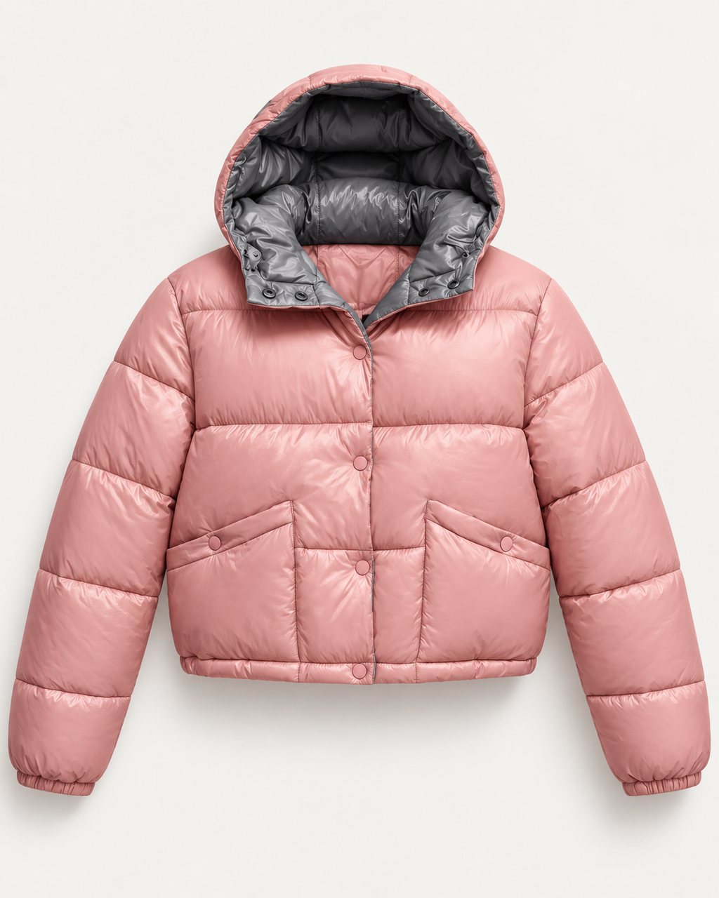 Casaco puffer curto acetinado rosa antigo com capuz, vista da peça de frente