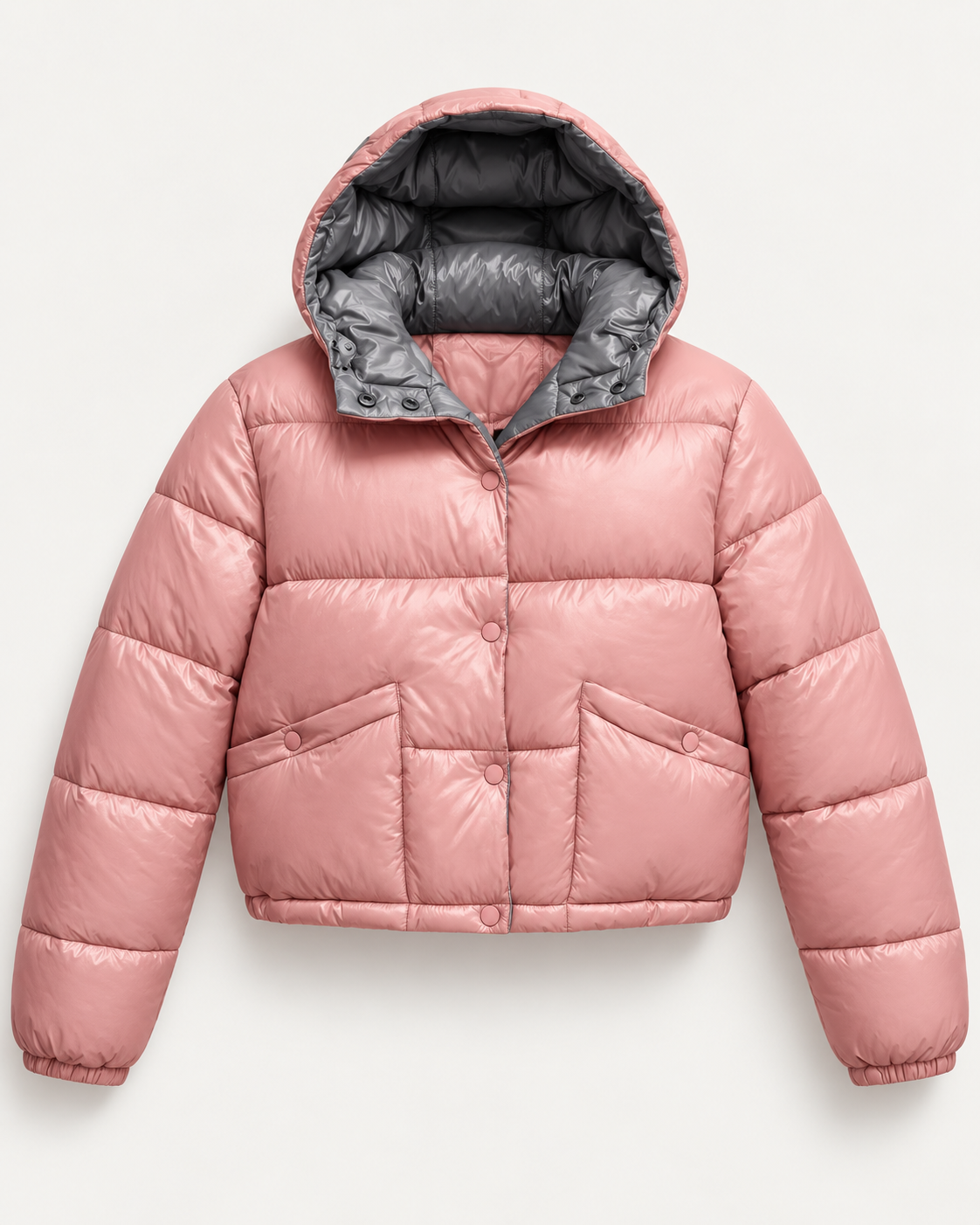Casaco puffer curto acetinado rosa antigo com capuz, vista da peça de frente