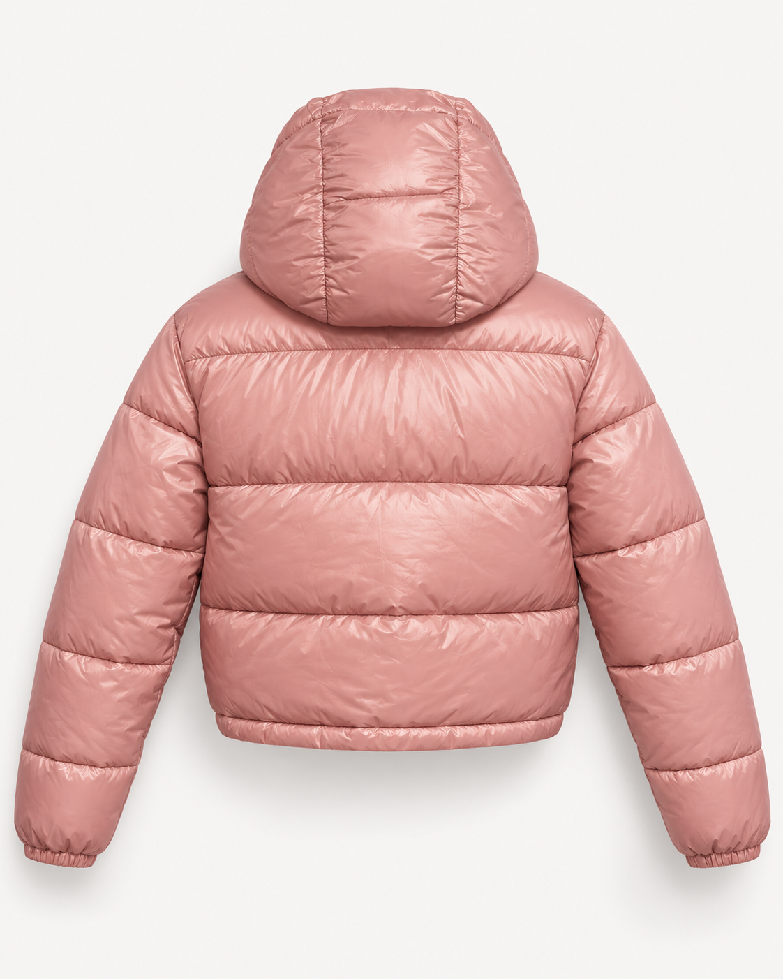 Casaco puffer curto rosa antigo com capuz, vista da peça de costas