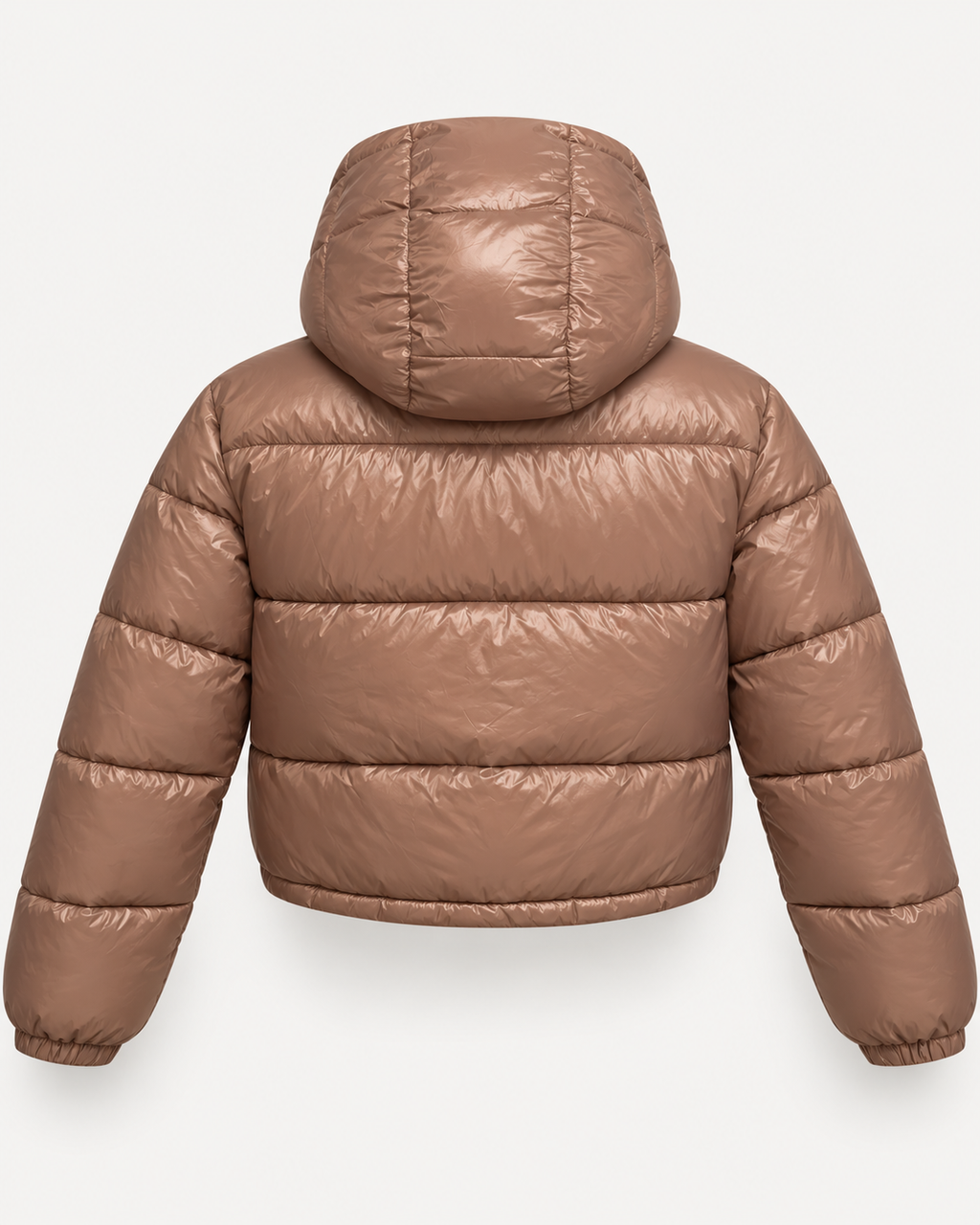 Casaco puffer curto castanho com capuz, vista da peça de costas