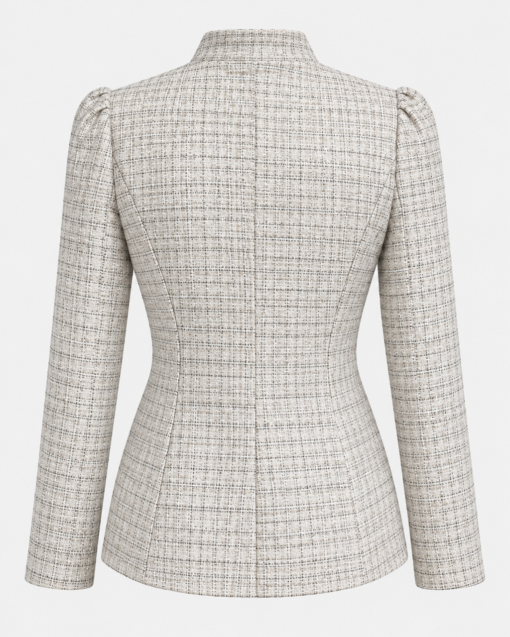 Casaco tweed estruturado off-white, vista de costas com cintura marcada