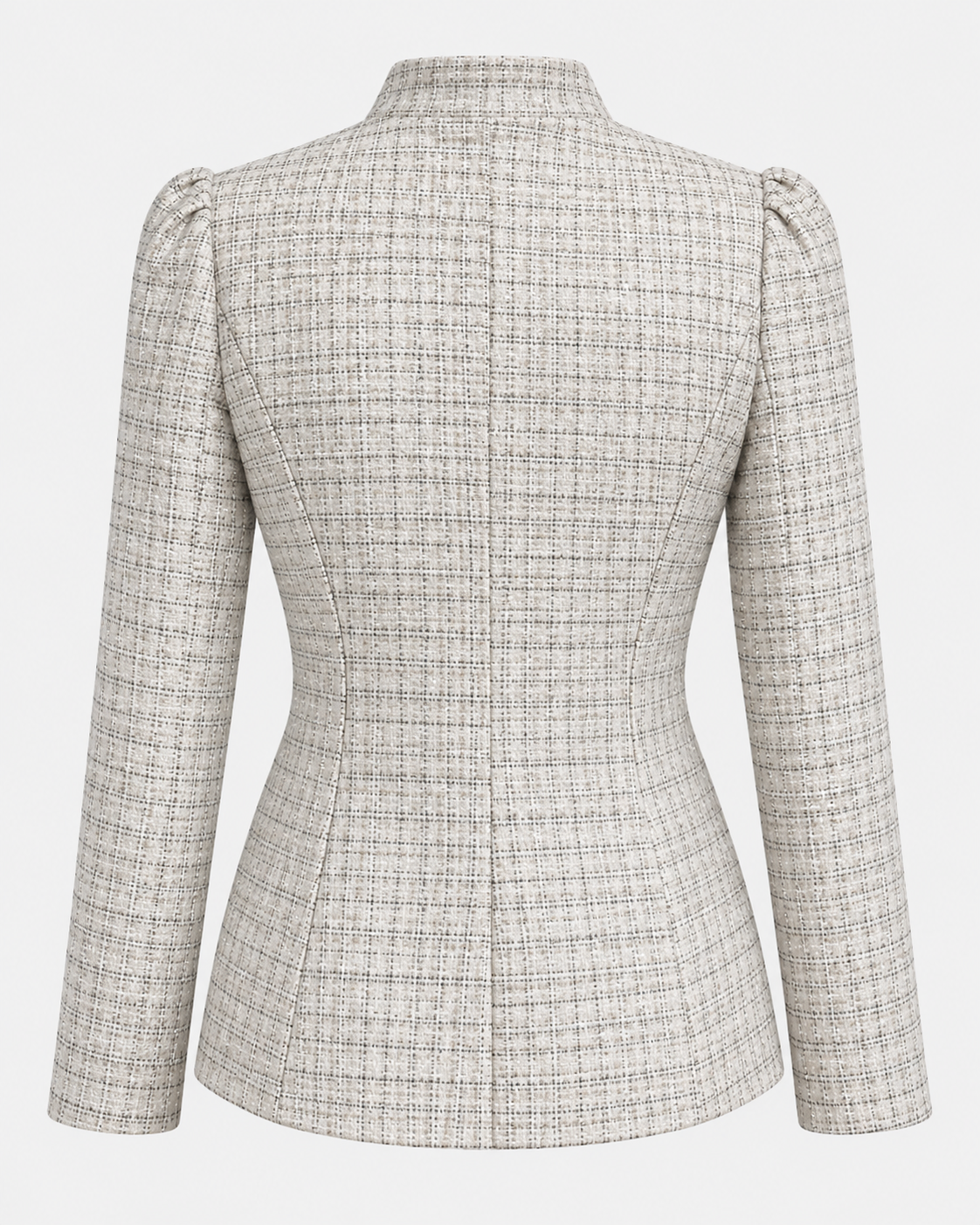 Casaco tweed estruturado off-white, vista de costas com cintura marcada