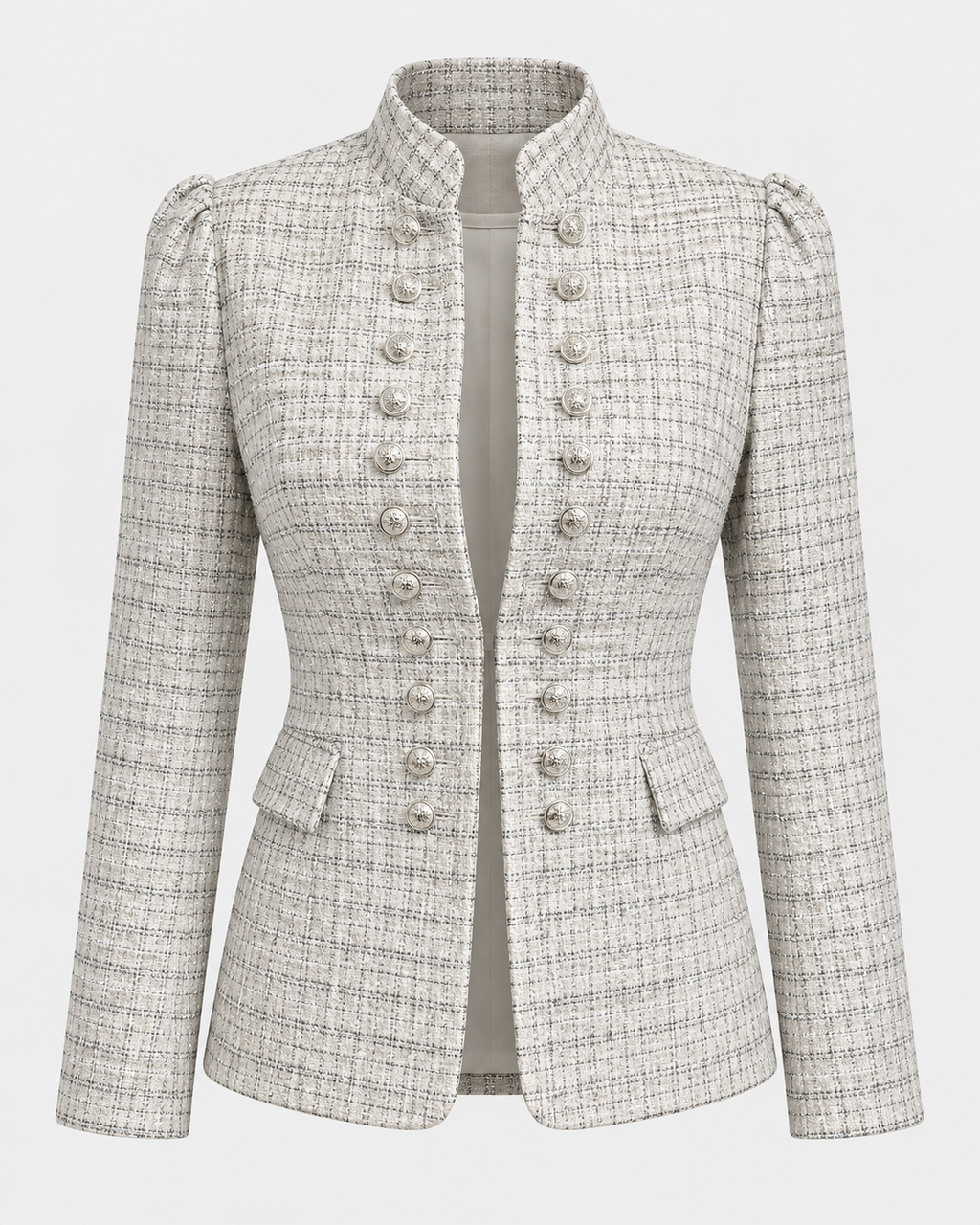 Casaco tweed estruturado off-white com dez botões prateados de cada lado, vista frontal