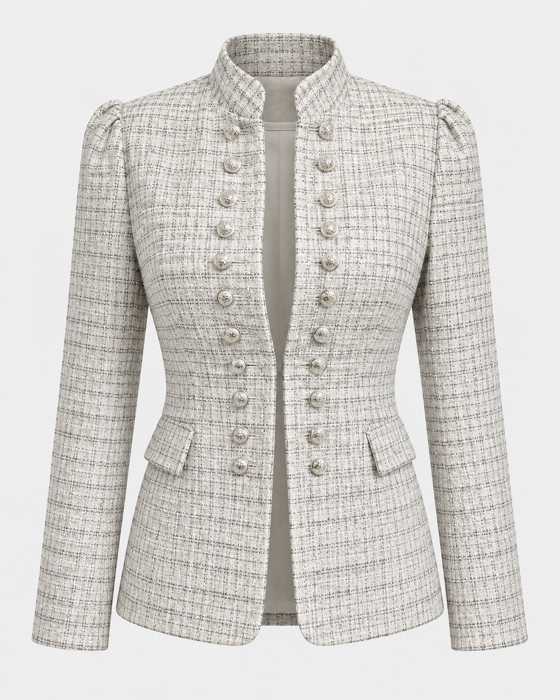Casaco tweed estruturado off-white com dez botões prateados de cada lado, vista frontal