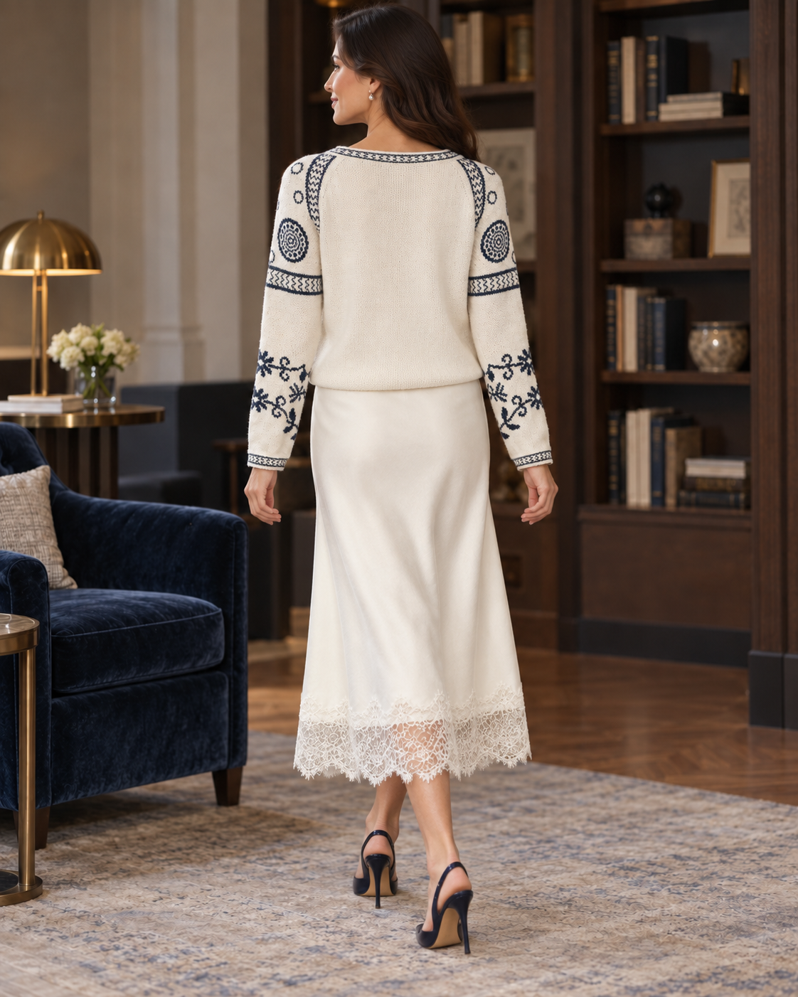 Camisola Cocco Rosso — Branco e azul — costas com modelo