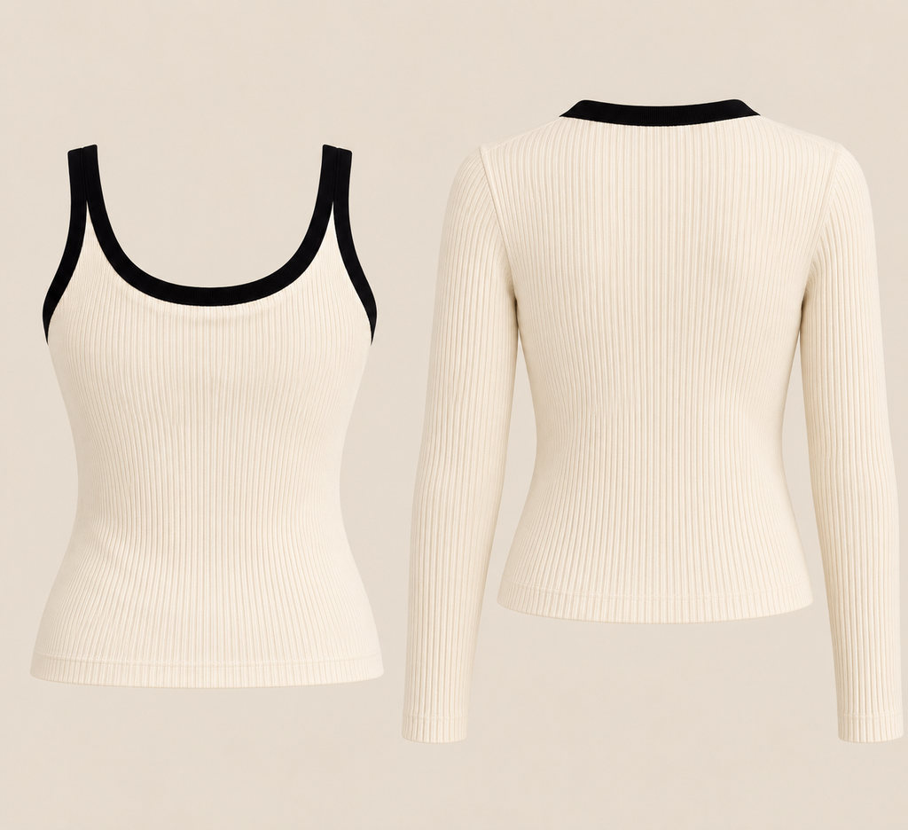 Cardigan curto e top de alças creme com debrum preto, as duas peças de costas