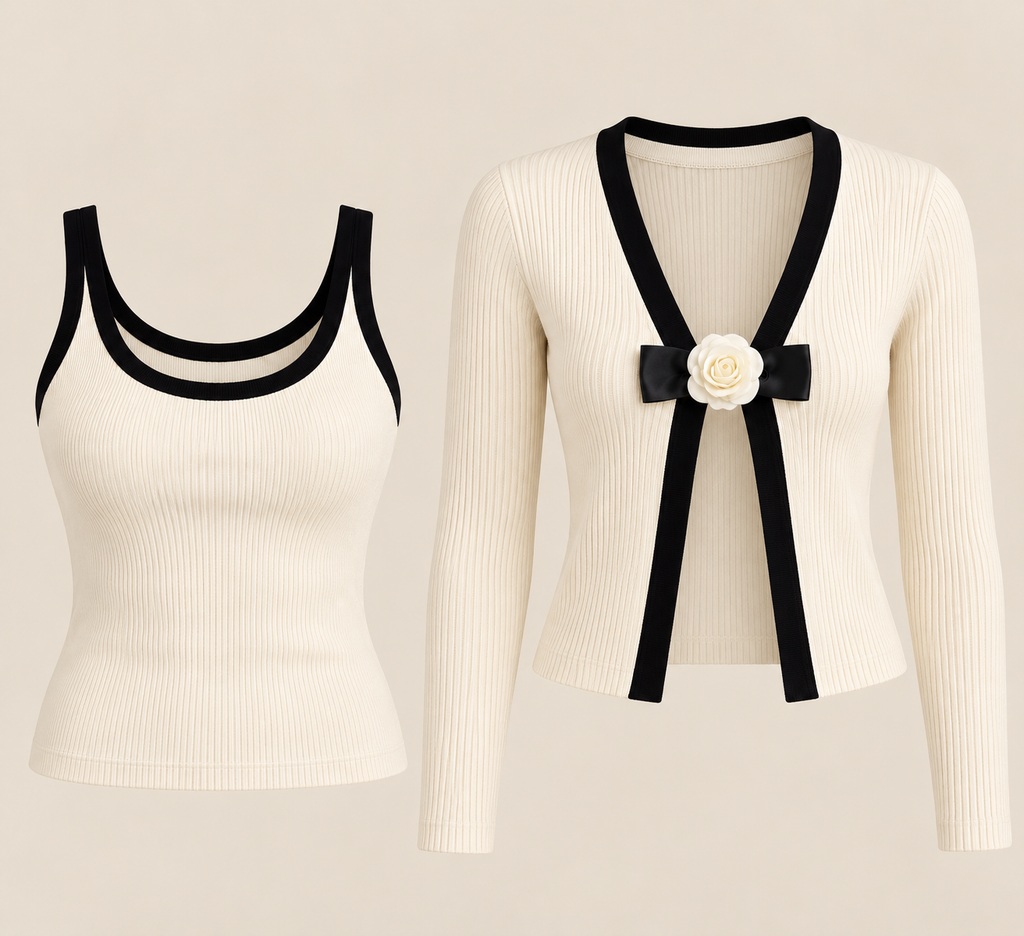 Cardigan curto creme com rosa 3D e top de alças creme com debrum preto, as duas peças de frente