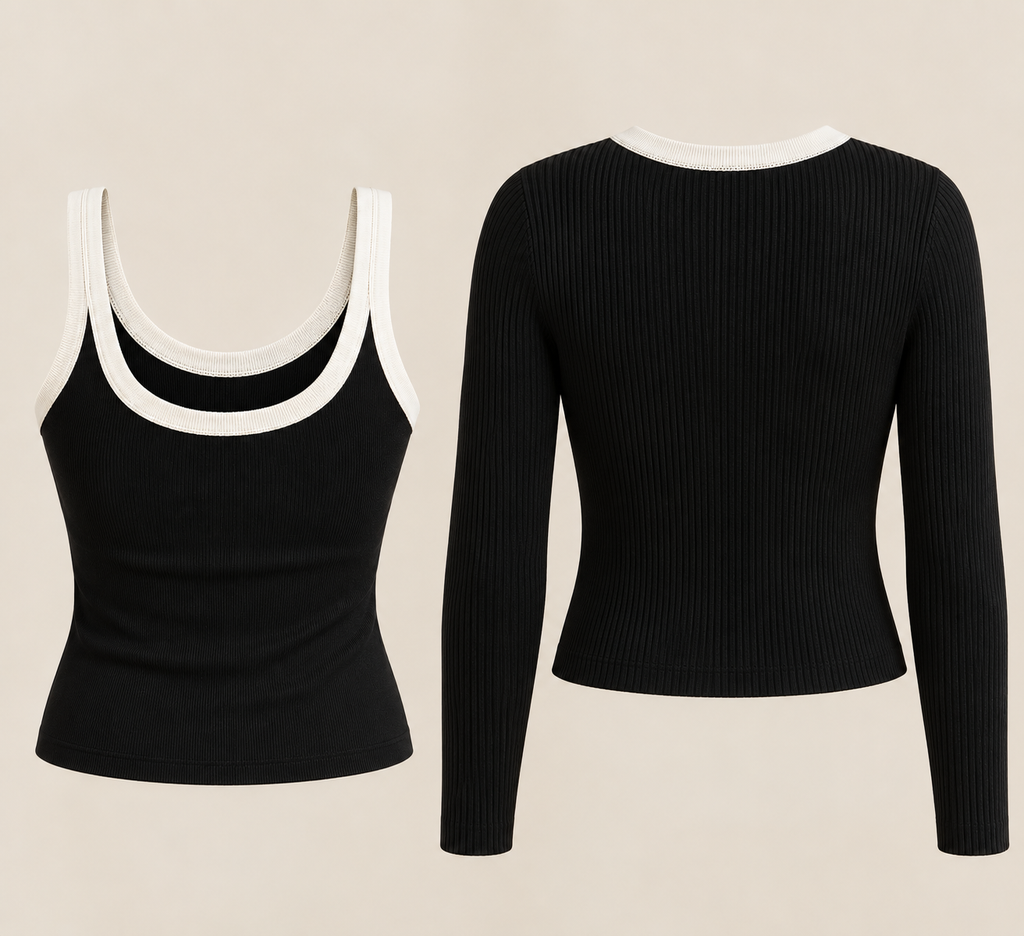 Cardigan curto e top de alças pretos com debrum branco, as duas peças de costas