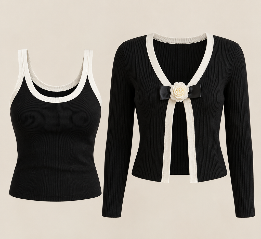Cardigan curto preto com rosa 3D e top de alças preto com debrum branco, as duas peças de frente