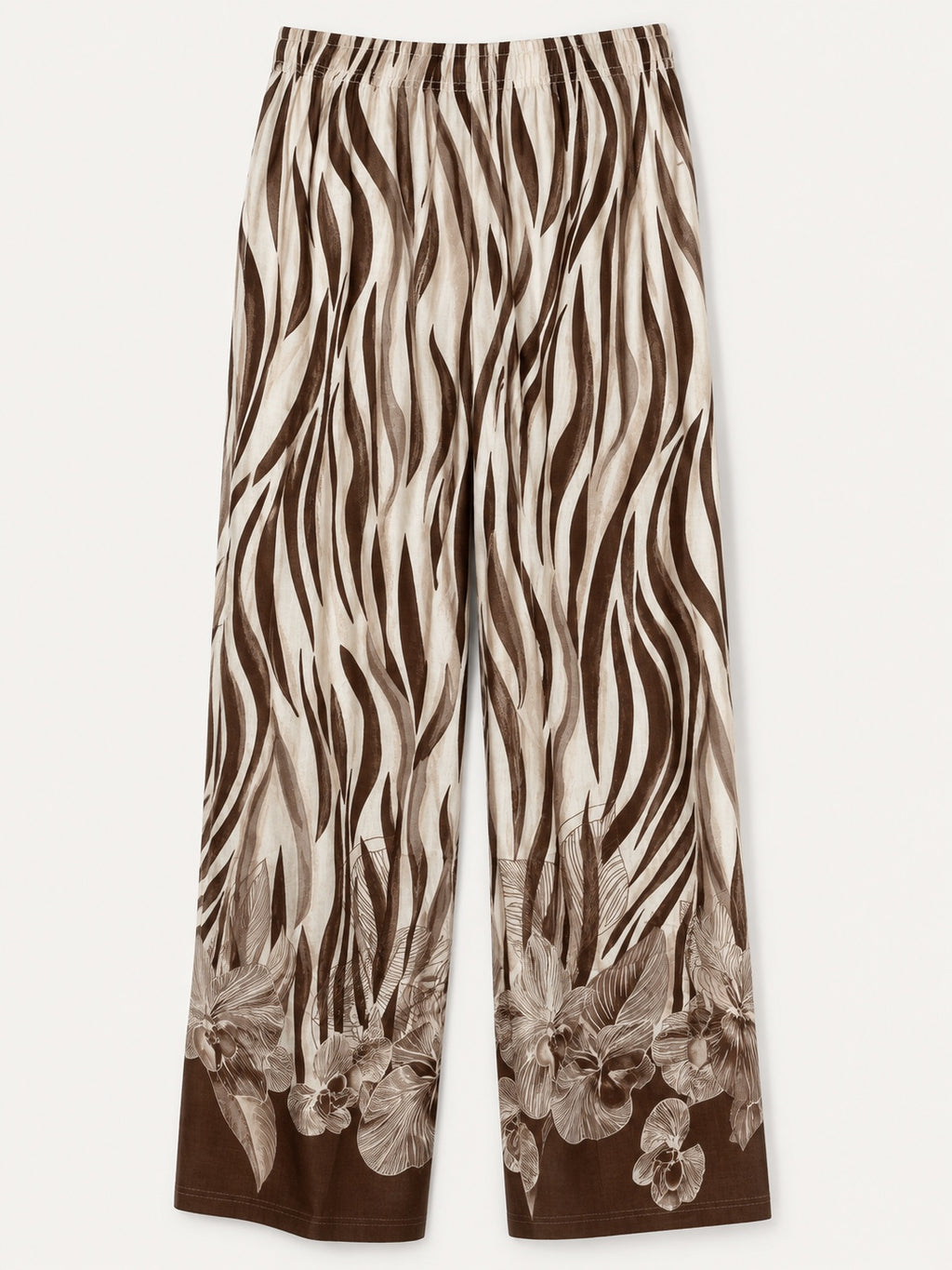 Calças wide leg animal print em viscose e linho sem modelo, com cintura totalmente elástica e franzida